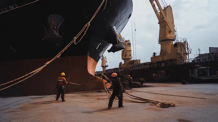A ship in a port and two workers tying its ropes